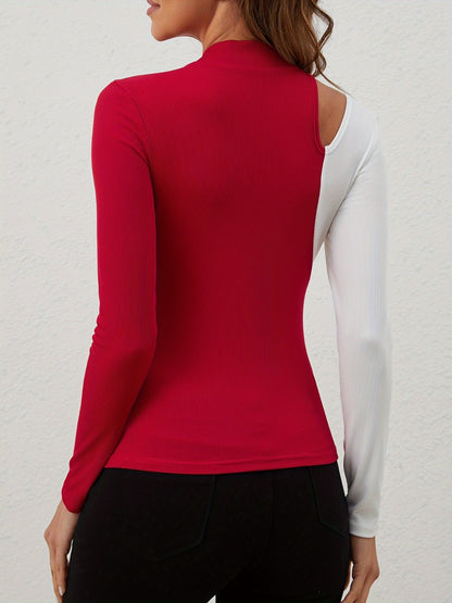 Cutout Contrast Mock Neck Long Sleeve T-Shirt