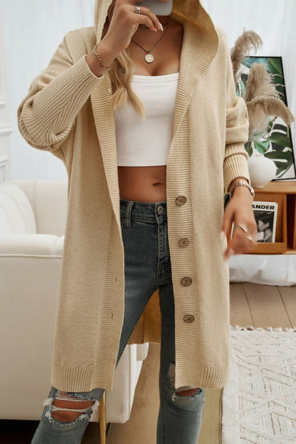 Devine Button Up Long Sleeve Hooded Cardigan