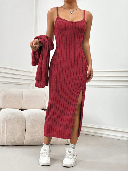 Ribbed Long Sleeve Cropped Cardigan and Slit Cami Dress Set